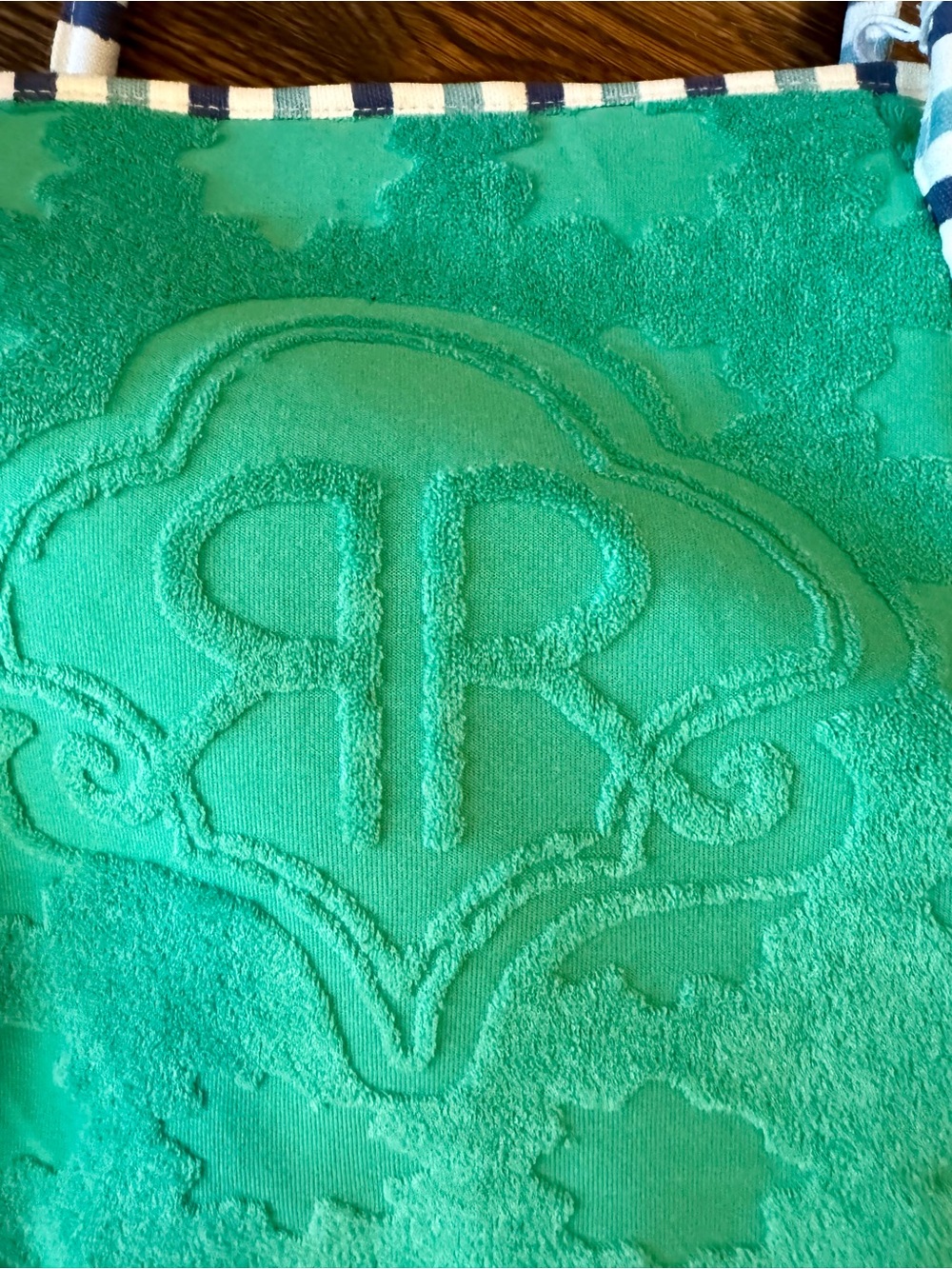 Roller Rabbit Turquoise Embossed Tote with Striped Rope Handles - Picture 2 of 3